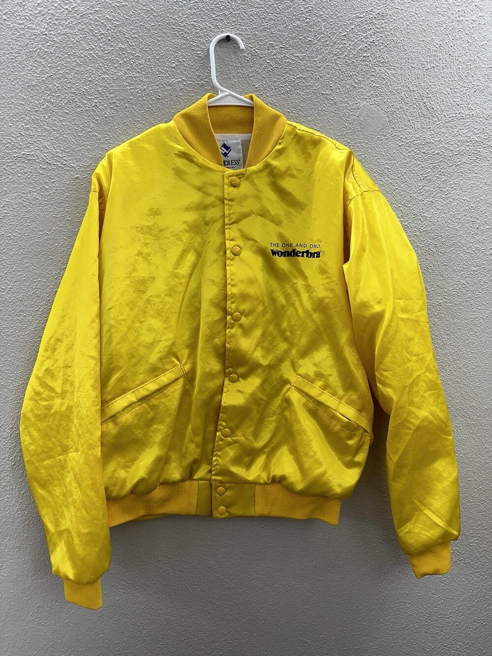 Windless Womens Bomber Jacket Size Large Satin Yellow Wonderbra PR Snap Up VTG